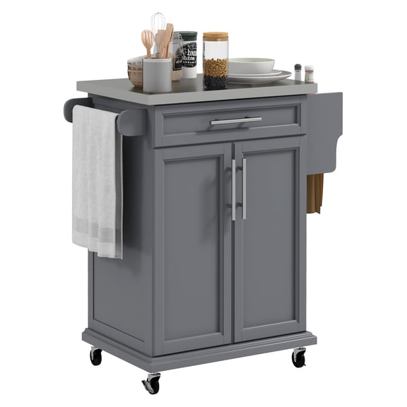 Kitchen Island on Wheels, Rolling Cart w/ Stainless Steel Top, Drawer & Towel Rack - Gray Utility Storage Trolley for Kitchens, Home, 33x18x35.75in