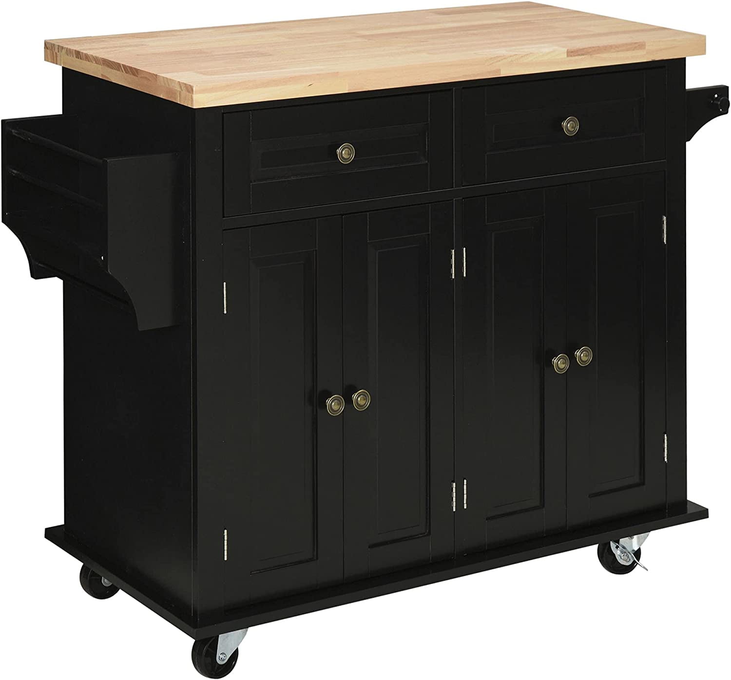 Compact Modern Black Kitchen Island Cart with Rubberwood Top and Storage