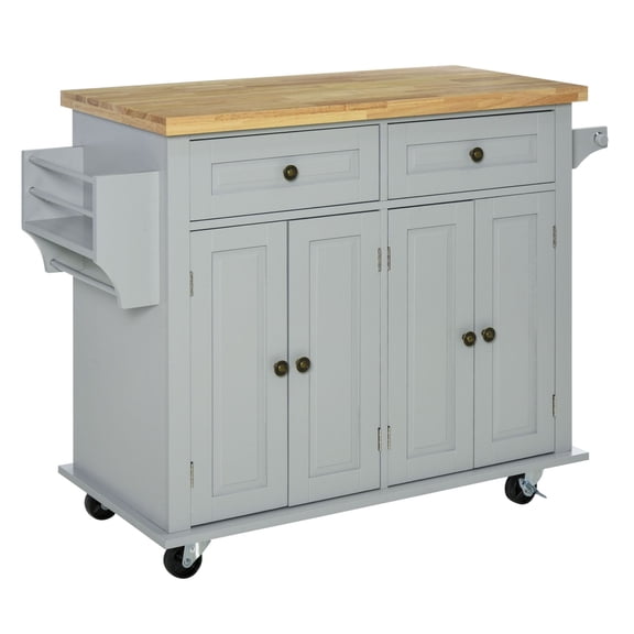 Kitchen Island on Wheels, Rolling Cart with Rubberwood Top, Spice Rack, Towel Rack and Drawers for Dining Room, Grey