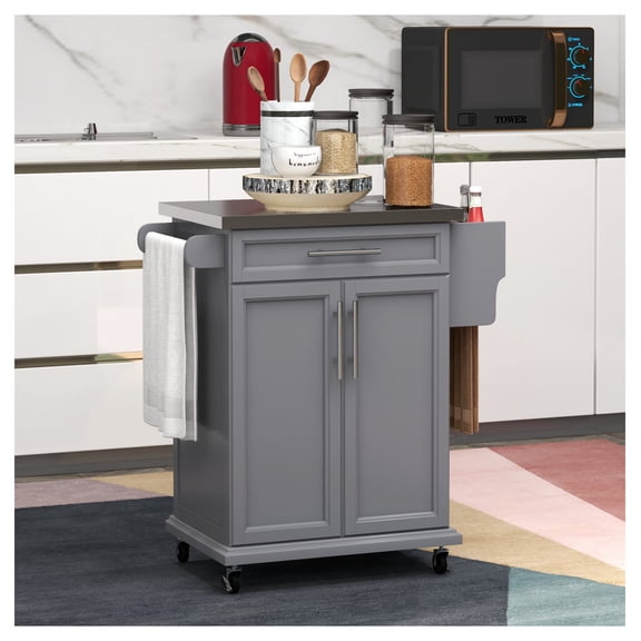 Kitchen Island on Wheels, Rolling Cart with Stainless Steel Top, Drawer & Towel Rack, Gray Kitchen Storage Trolley, Portable Utility Island