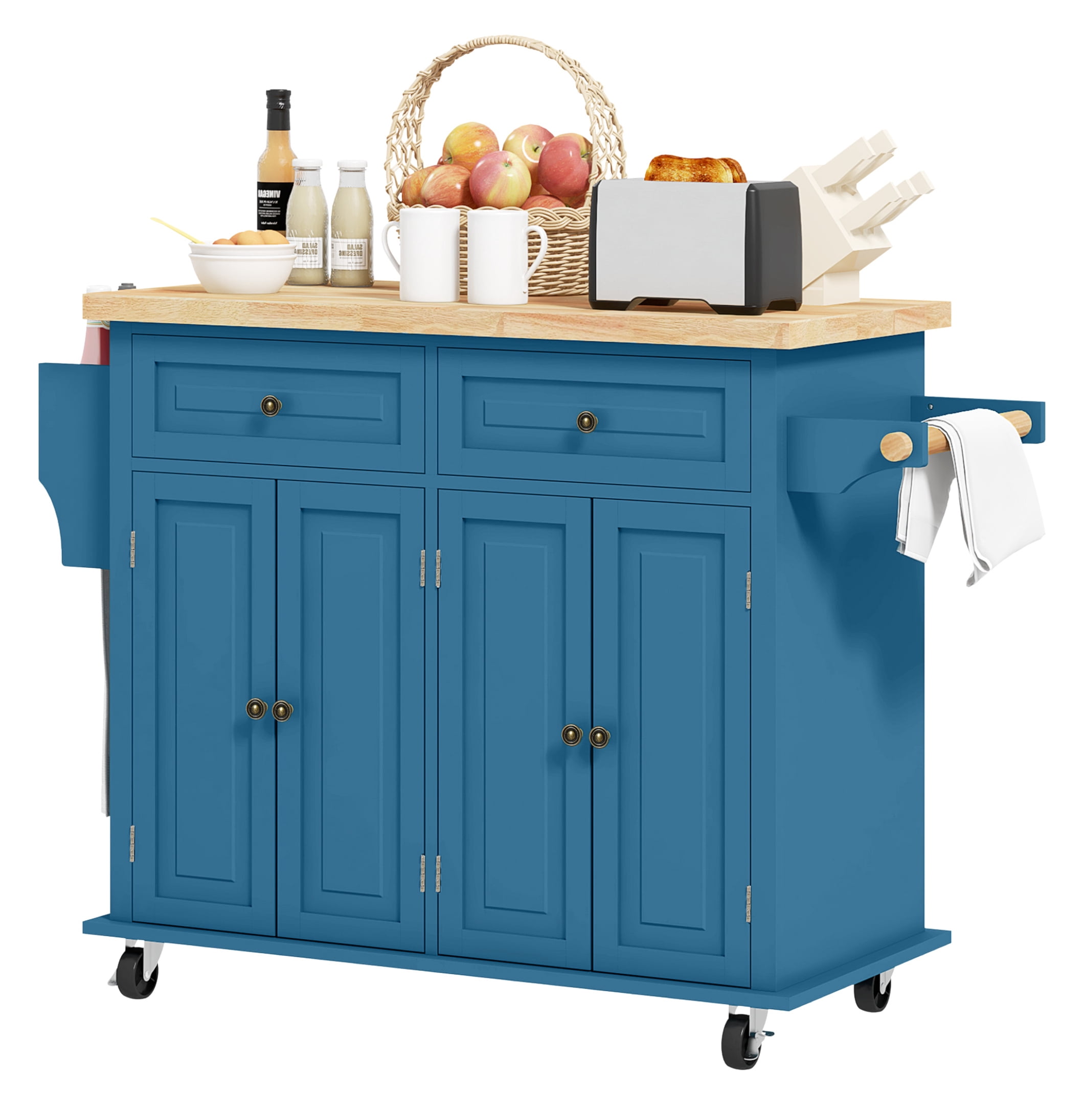 Kitchen Island on Wheels, Turquoise Rolling Cart with Rubberwood Top ...