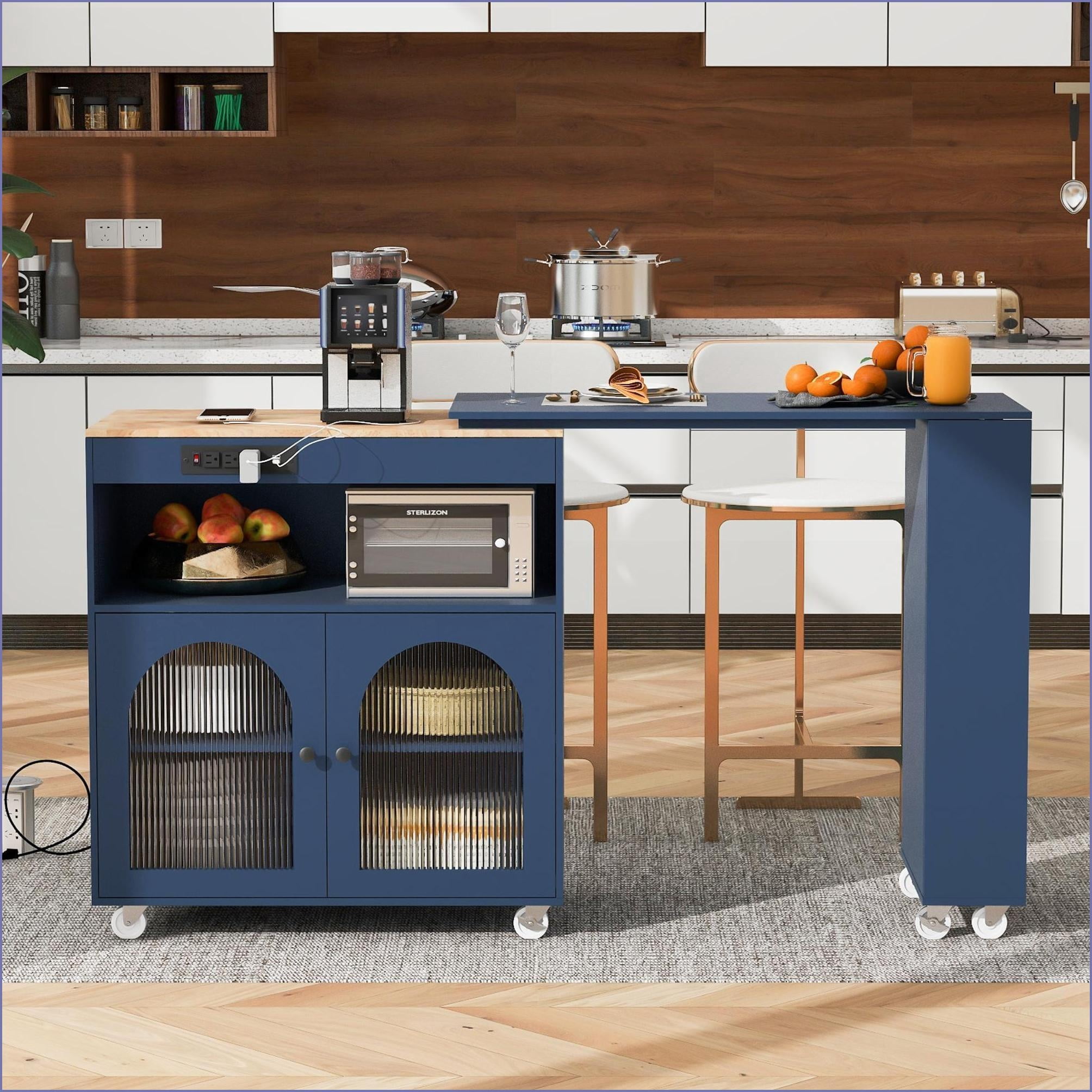 Kitchen Island on Wheels with Extended Table, Navy Blue Rolling Cart ...