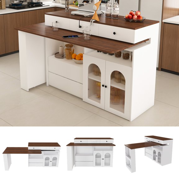 Kitchen Island w/ Extendable Rotating Table, Built-in Socket, 4 Drawers,White