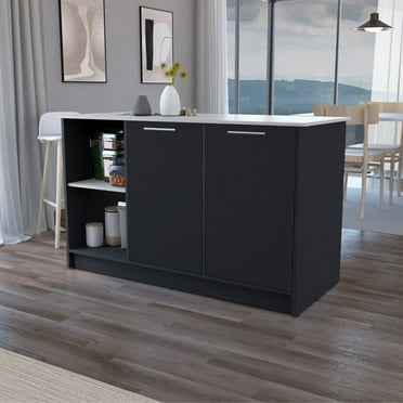 Kitchen Island with 2 Cabinets, 2 Open Storage Shelf and Versatile Countertop Space, Black+Grey