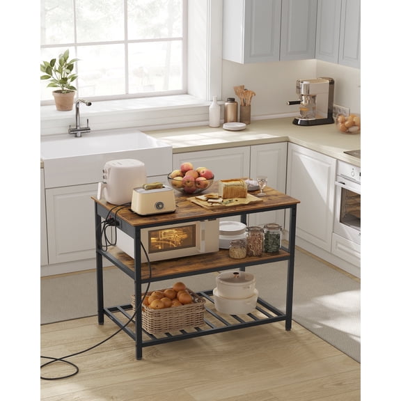 Kitchen Island with 3 Shelves, 39.4 Inches Width Kitchen Shelf with Power Strip, Large Worktop, Stable Steel Structure, Industrial, Easy to Assemble