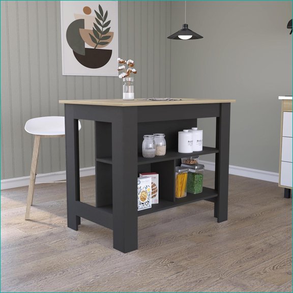 Kitchen Island with 3 Shelves, 4 Legs - Black/Light Oak | Particle Board | Rectangular