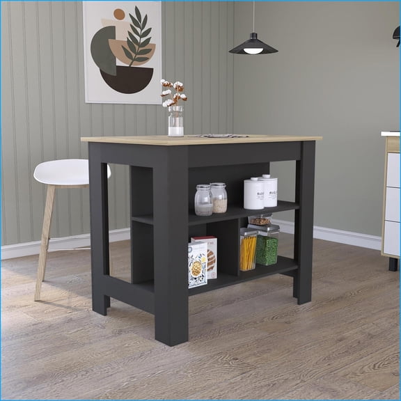Kitchen Island with 3 Shelves & 4 Legs | Black/Light Oak | Rectangular | Particle Board