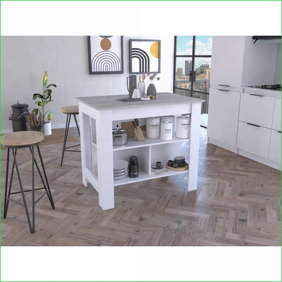Kitchen Island with 3 Shelves & 4 Legs White/Ibiza Marble | Rectangular | Particle Board