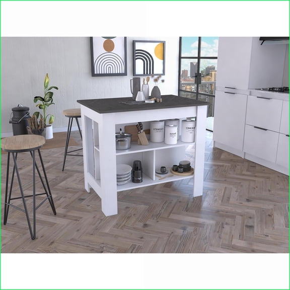 Kitchen Island with 3 Shelves, 4 Legs - White/Onyx | Modern | Medium (40-55in)