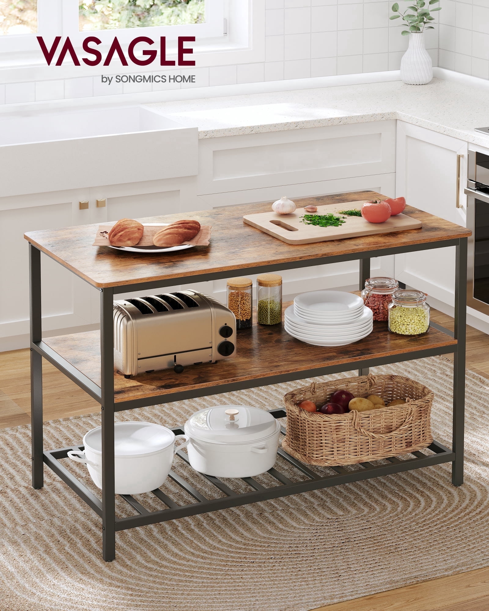 Kitchen Island with 3 Shelves, Island Table, 47.2 Inches Width Kitchen Shelf with Large Worktop, Stable Steel Structure, Industrial