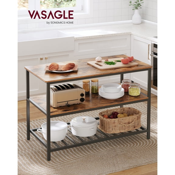 Kitchen Island with 3 Shelves, Island Table, 47.2 Inches Width Kitchen Shelf with Large Worktop, Stable Steel Structure, Industrial
