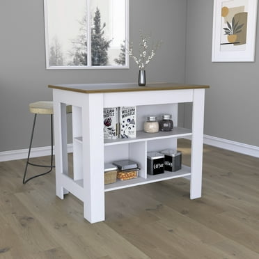 Kitchen Island with 3 Shelves and Spacious Leg Room, Particle Board Kitchen Island Table for Dining Room, Living Room and Kitchen, White&Walnut