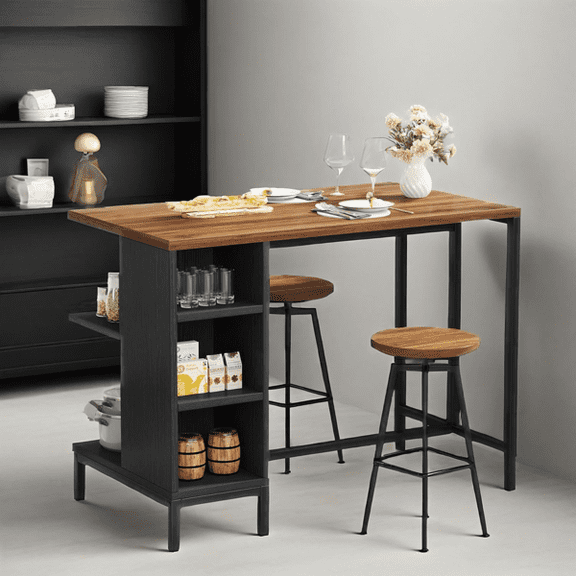 Kitchen Island with 5 Open Shelves - Rustic Walnut Grain Top, Matte Black Steel Frame, Versatile Storage for Small Spaces