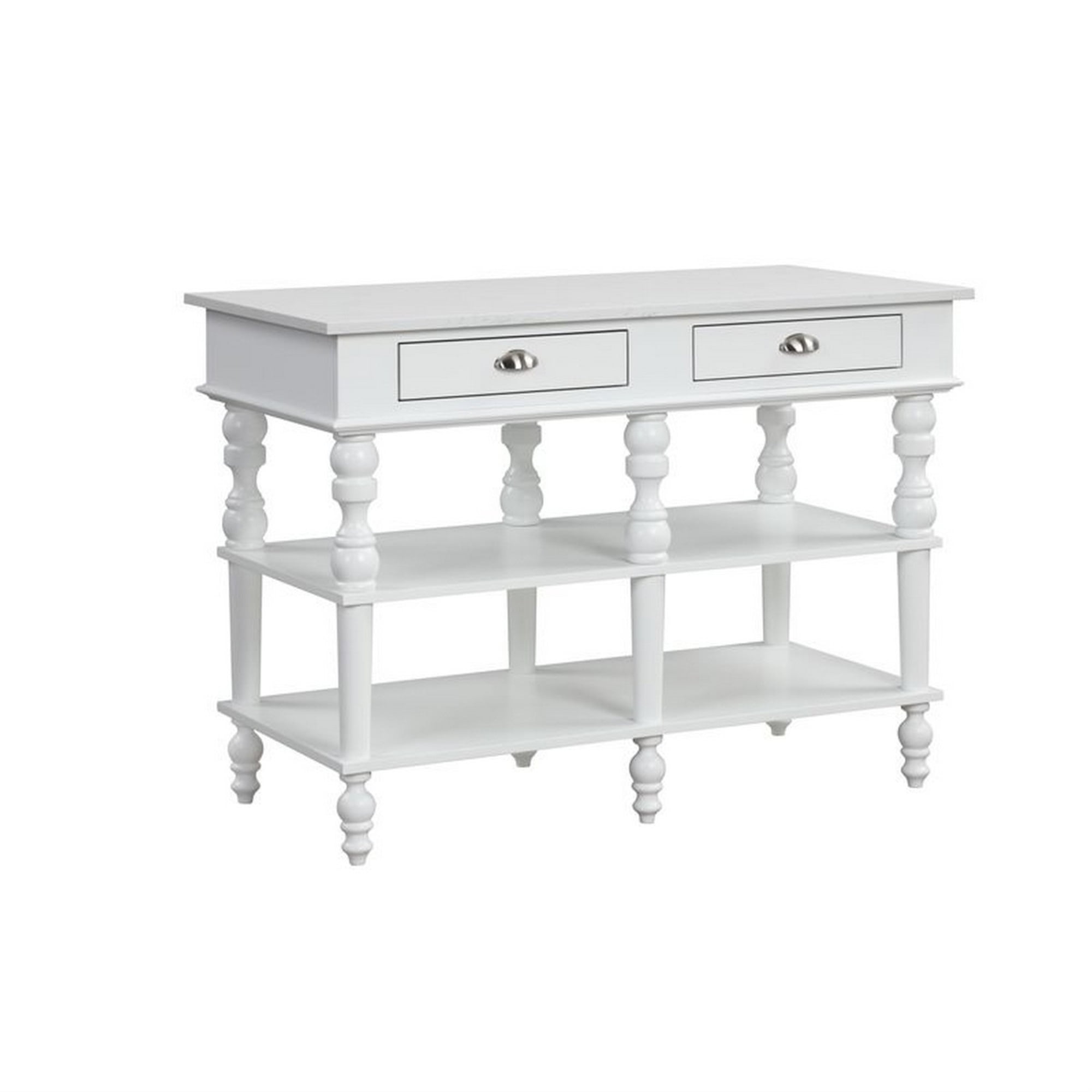 White Traditional Kitchen Island with Artificial Marble Top and Turned Legs
