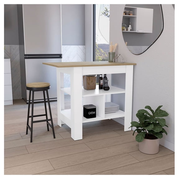 Kitchen Island with Counter Space - White/Macadamia - Finley Kitchen Cart with Shelves - Portable Rolling Kitchen Island for Dining & Prep