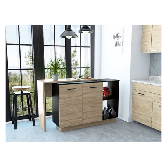 Kitchen Island with Drawers & Shelves - Black Wengue & Light Oak - 59" Wide - Modern Rolling Kitchen Cart with Storage - Dining Table