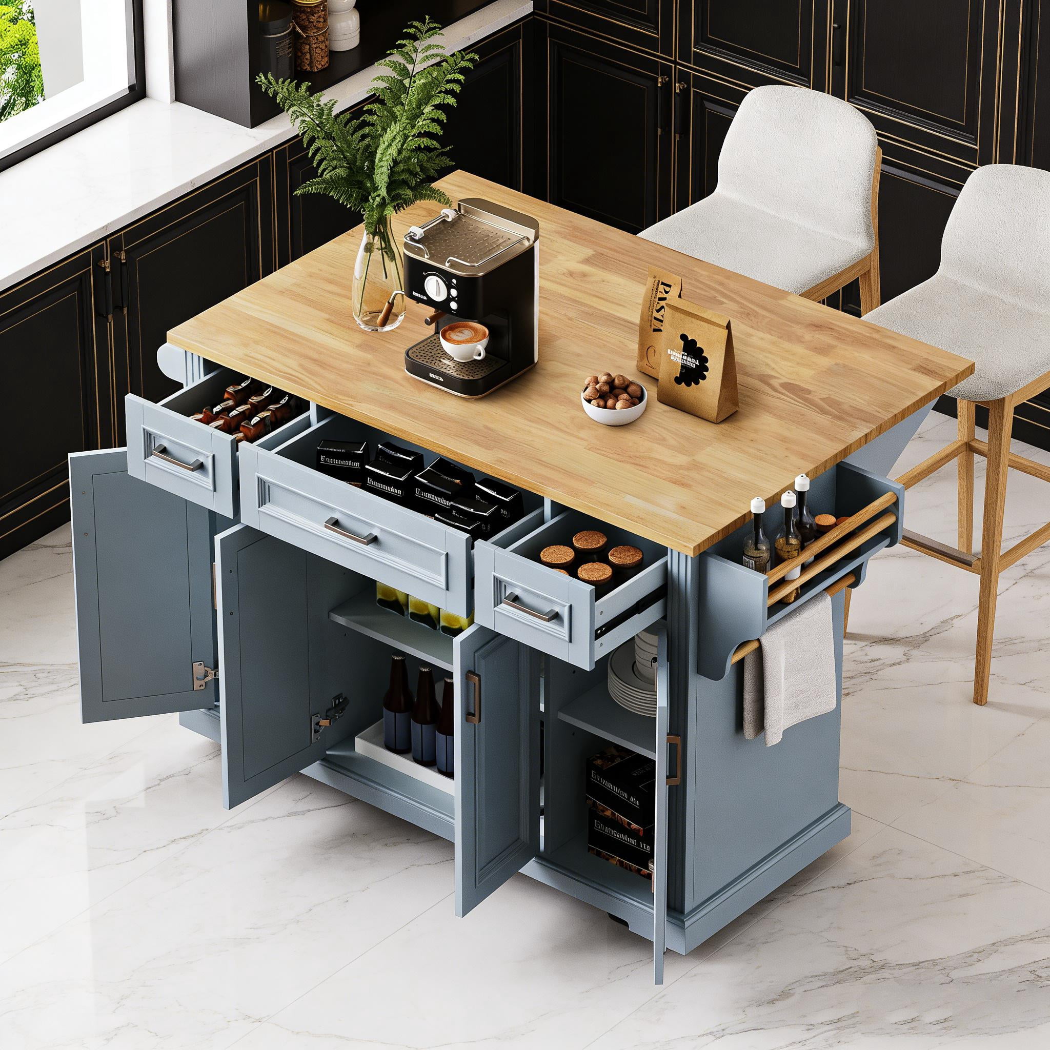 Kitchen Island with Drop Leaf, 54" Embossed Texture Rolling Cart with 4 Cabinets & 3 Drawers, Large Storage Island on Wheels for Kitchen