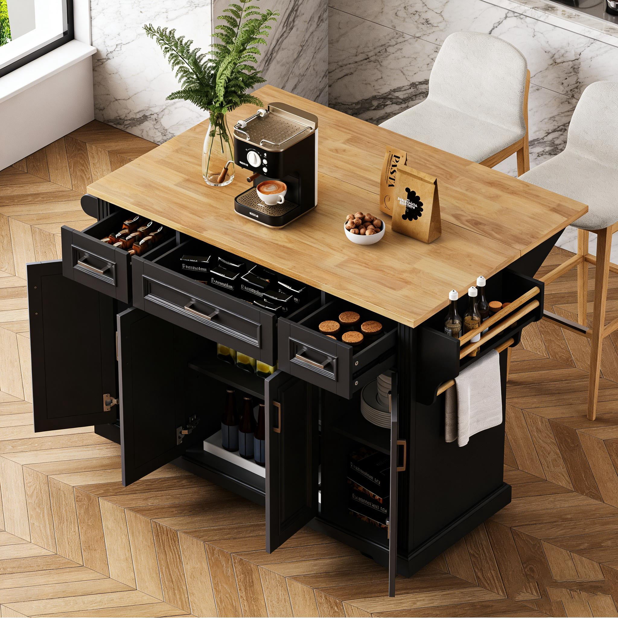 Kitchen Island with Drop Leaf, 54" Embossed Texture Rolling Cart with 4 Cabinets & 3 Drawers, Large Storage Island on Wheels for Kitchen