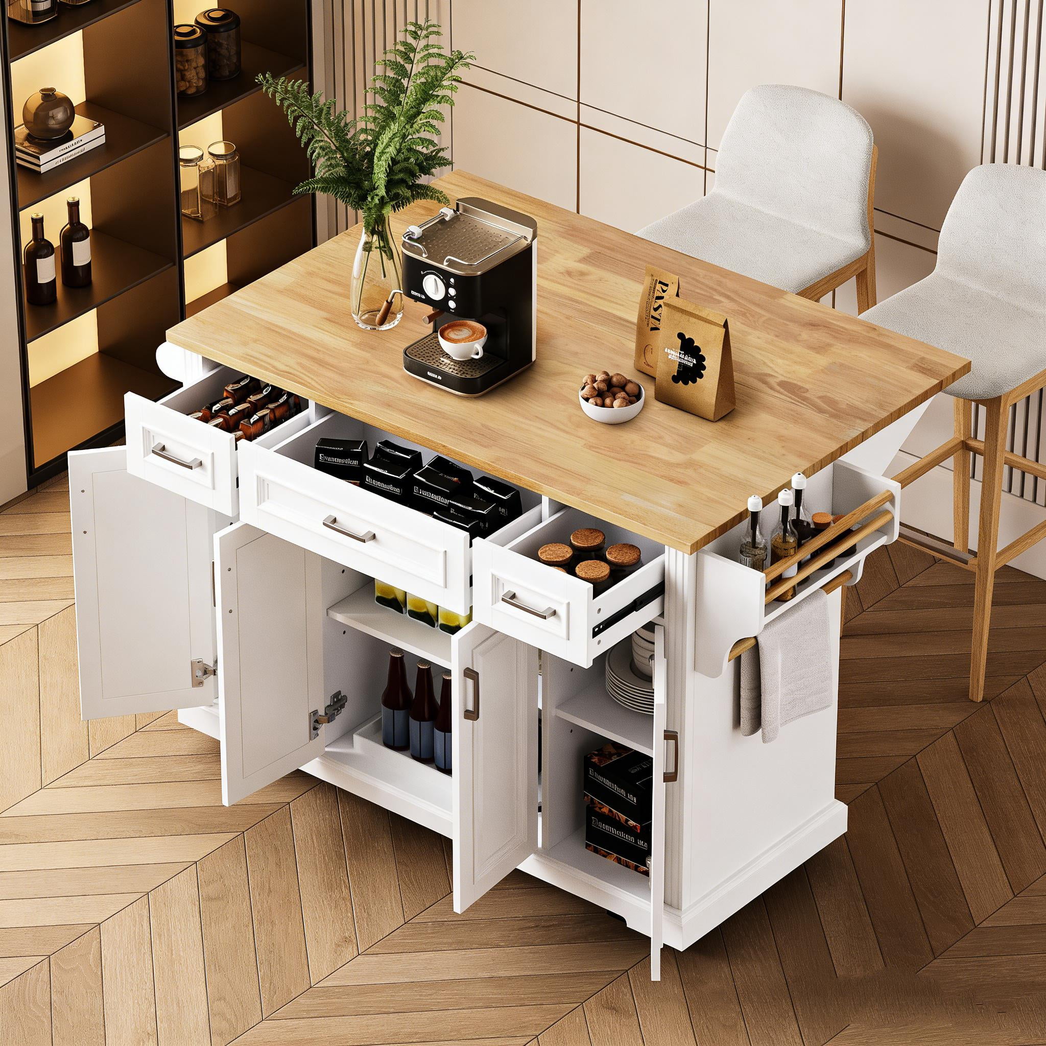 Kitchen Island with Drop Leaf, 54" Embossed Texture Rolling Cart with 4 Cabinets & 3 Drawers, Large Storage Island on Wheels for Kitchen