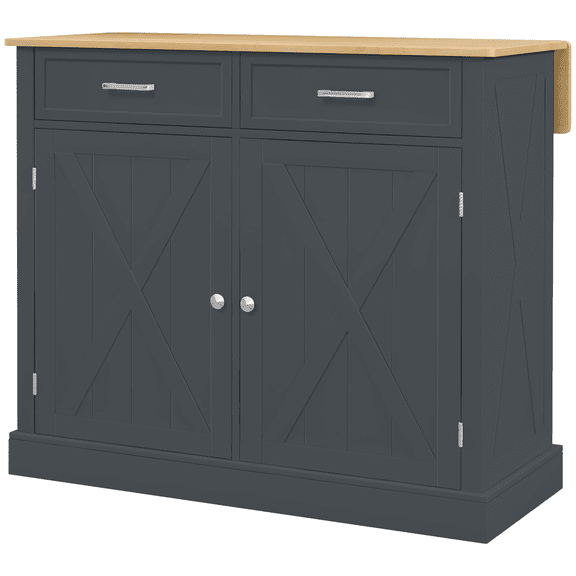 Kitchen Island with Drop Leaf, Farmhouse Cart with Drawers & Adjustable Shelves - Dark Gray