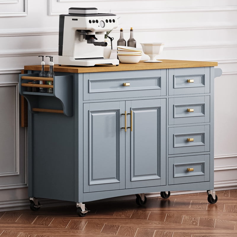 Kitchen Island with Drop Leaf, Kitchen Storage Cart with Spice Rack, Towel Rack, 5 Drawers & Adjustable Shelf