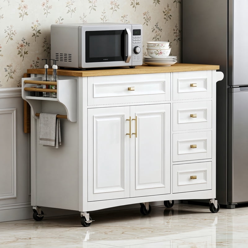 Kitchen Island with Drop Leaf, Kitchen Storage Cart with Spice Rack, Towel Rack, 5 Drawers & Adjustable Shelf
