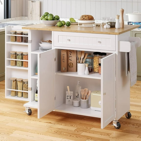 HAUXITIO Kitchen Island with Drop Leaf,Power Outlet & LED Lights, Rolling Cart with Spice Rack,Drawer and Storage for Kitchen,White