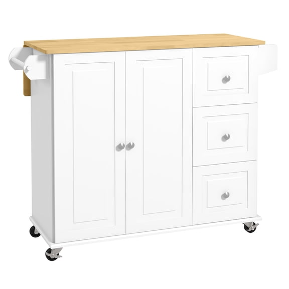 Kitchen Island with Drop Leaf, Rolling Cart w/ 3 Drawers & Storage - White Wood Kitchen Island on Wheels, Butcher Block Top, Spice Rack, Towel Rack