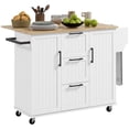 thumbnail image 1 of Kitchen Island with Drop Leaf, Rolling Kitchen Cart on Wheels with 3 Drawers, 2 Cabinets, Natural Wood Top, Spice Rack and Towel Rack, White, 1 of 9