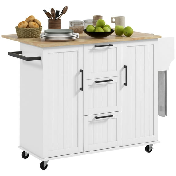 Kitchen Island with Drop Leaf, Rolling Kitchen Cart on Wheels with 3 Drawers, 2 Cabinets, Natural Wood Top, Spice Rack and Towel Rack, White