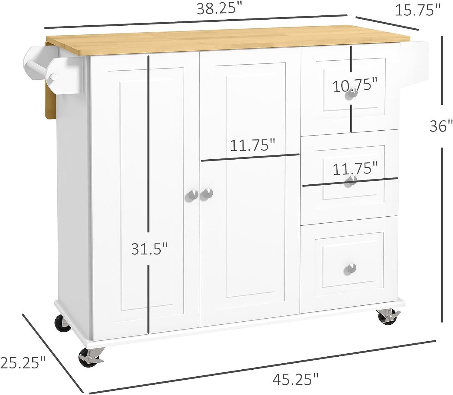 Kitchen Island with Drop Leaf, Rolling Kitchen Cart on Wheels with 3
