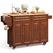 Noelse Rolling Kitchen Island Table with Storage, Drop Leaf Countertop, Kitchen Island with Rubber Wood Top, Cabinets & Rack, Brown