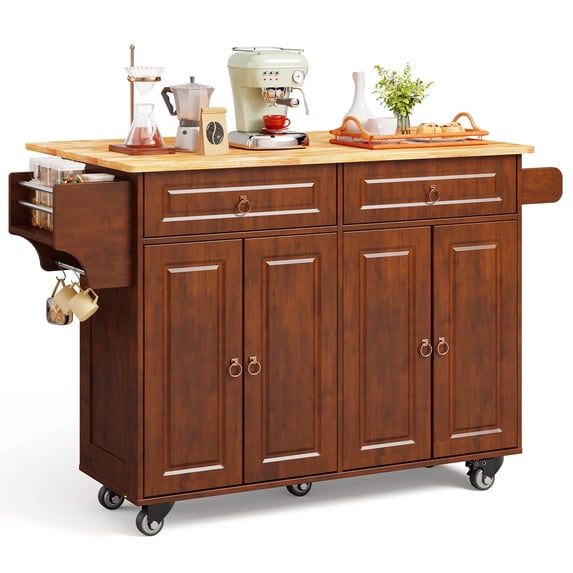 Noelse Rolling Kitchen Island Table with Storage, Drop Leaf Countertop, Kitchen Island with Rubber Wood Top, Cabinets & Rack, Brown