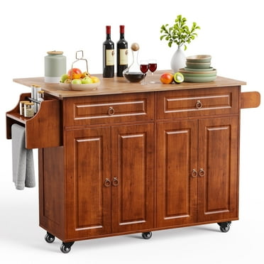 Noelse 52" Kitchen Island Carts with Drop Leaf, Large Island Table for Kitchen with Rubber Wood Top and Rack and Storage Cabinet, Brown