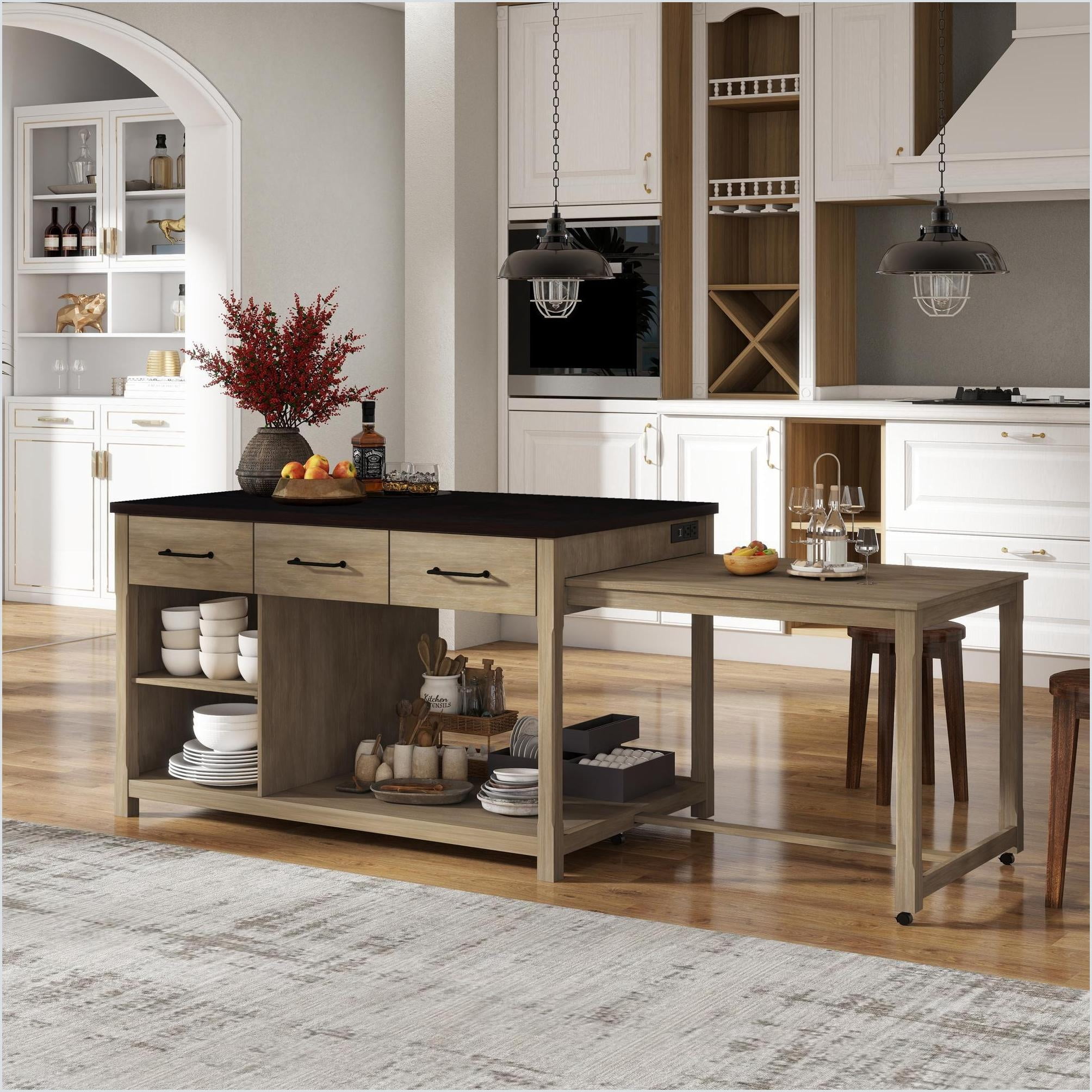 Kitchen Island with Expandable Surface, Storage & Power Outlets | Retro