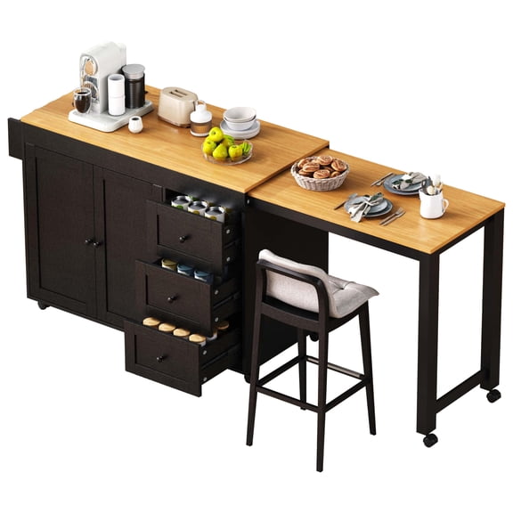 Kitchen Island with Extendable Dining Table, 74.8", Power Outlet, Black