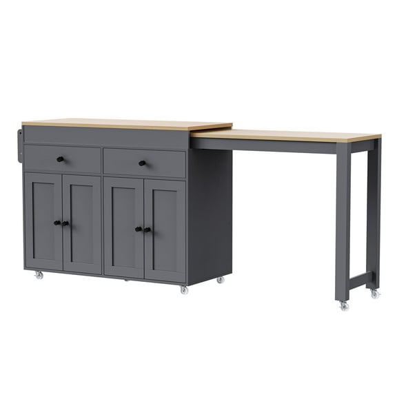 Kitchen Island with Extendable Dining Table Kitchen Storage Cart with 4 Door Cabinet,for Kitchen and Dining Room, 74.5 inch Grey