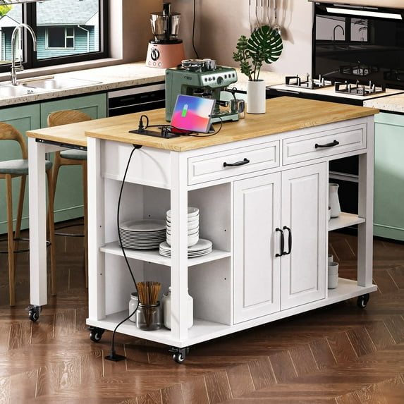 Kitchen Island with Extendable Dining Table, Rubber Wood Veneer Kitchen Table, White