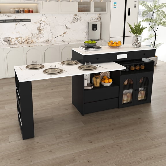 Kitchen Island with Extendable & Rotating Table MDF with Marble Veneer Retro Design 4 Drawers & Glass Door Cabinets with Built-in Socket Expandable