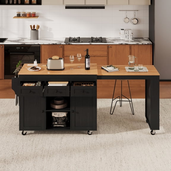 Kitchen Island with Extendable Table, Power Outlet, Storage Shelves & Drawers,Black