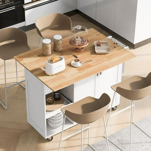 Kitchen Island with Foldable Countertop, Rolling Island Cart with Slide-Out Shelf, Towel Rack and Drawer, Kitchen Rack on Wheels, White
