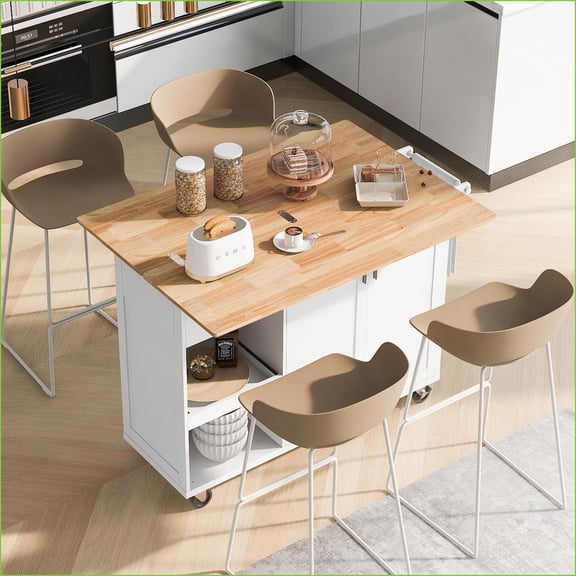 Kitchen Island with Foldable Countertop, White Rolling Storage Cart | MDF,Rubber Wood | Medium (40-55in)