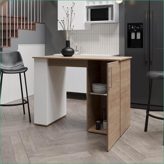 Kitchen Island with Hidden Storage, Modern Off-White & Tan Brown Bar | Engineered Wood | Particle Board