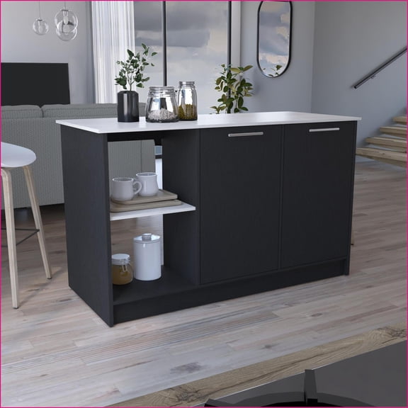 Kitchen Island with Large Top, Double Door Cabinet & Open Shelves - Juniper Black/Ibiza Marble | Modern | Stationary Kitchen Islands