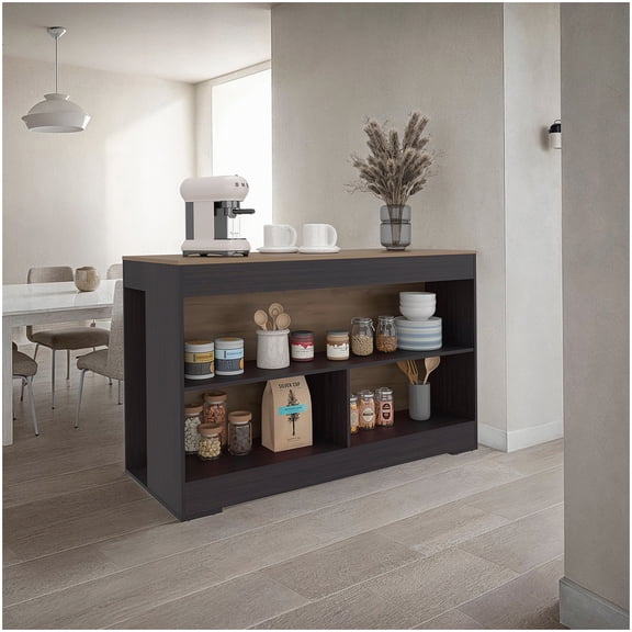 Kitchen Island with Open Shelves, Wenge Color Freestanding Countertop Organizer for Meal Prep and Appliance Storage