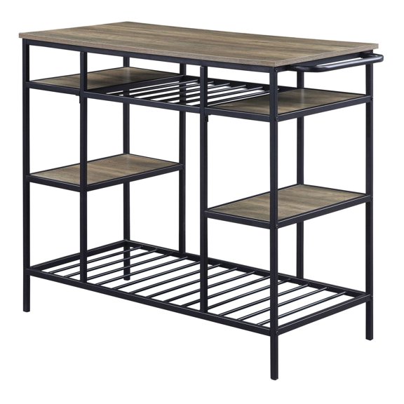 Kitchen Island with Open Shelving, Rustic Oak and Black, 47.5" Wide, Metal Frame, Storage for Cookbooks & Kitchen Essentials