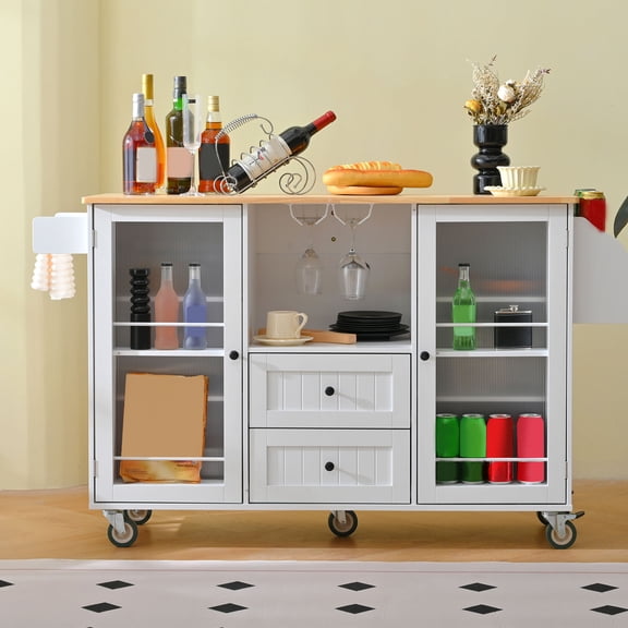 Kitchen Island with Rolling Table On Wheels with Drop Leaf Bar Countertop Side Open Storage Rack White