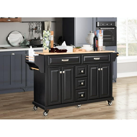 Kitchen Island with Rubber wood Countertop, Kitchen Cart on 5 Wheels with Storage Cabinet and 5 Drawers for Dinning Room, Black