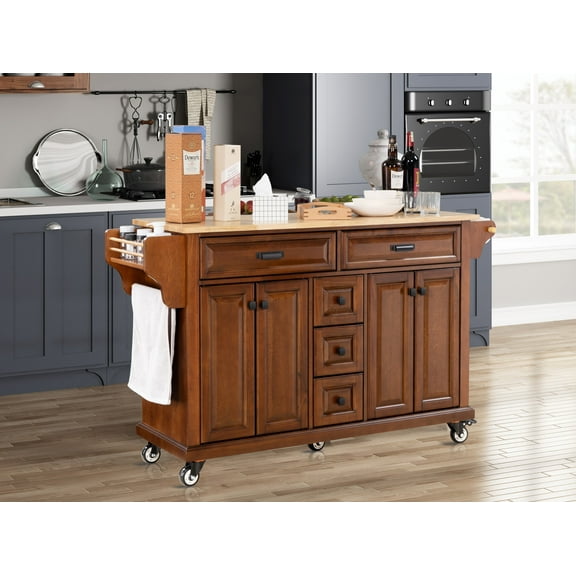 Kitchen Island with Rubber wood Countertop, Kitchen Cart on 5 Wheels with Storage Cabinet and 5 Drawers for Dinning Room, Mahogany