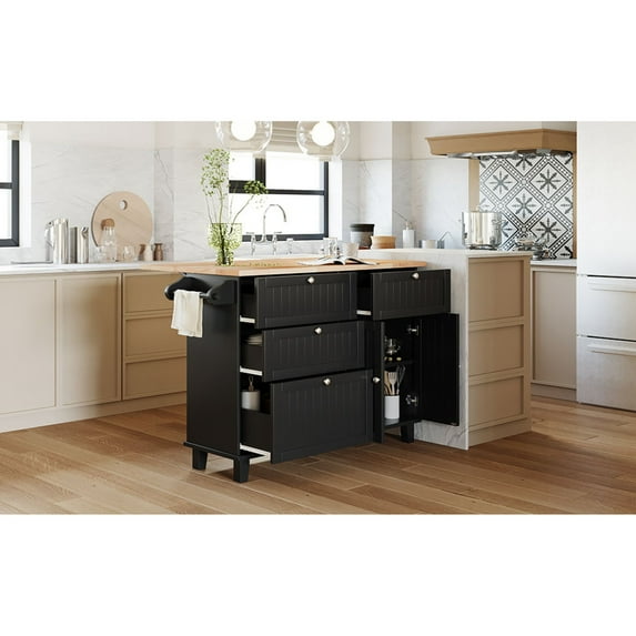 Kitchen Island with Seating - Includes 2 Stools, Adjustable Shelf, and Storage, Rubberwood Drop-Leaf Design for Dining Room and Kitchen